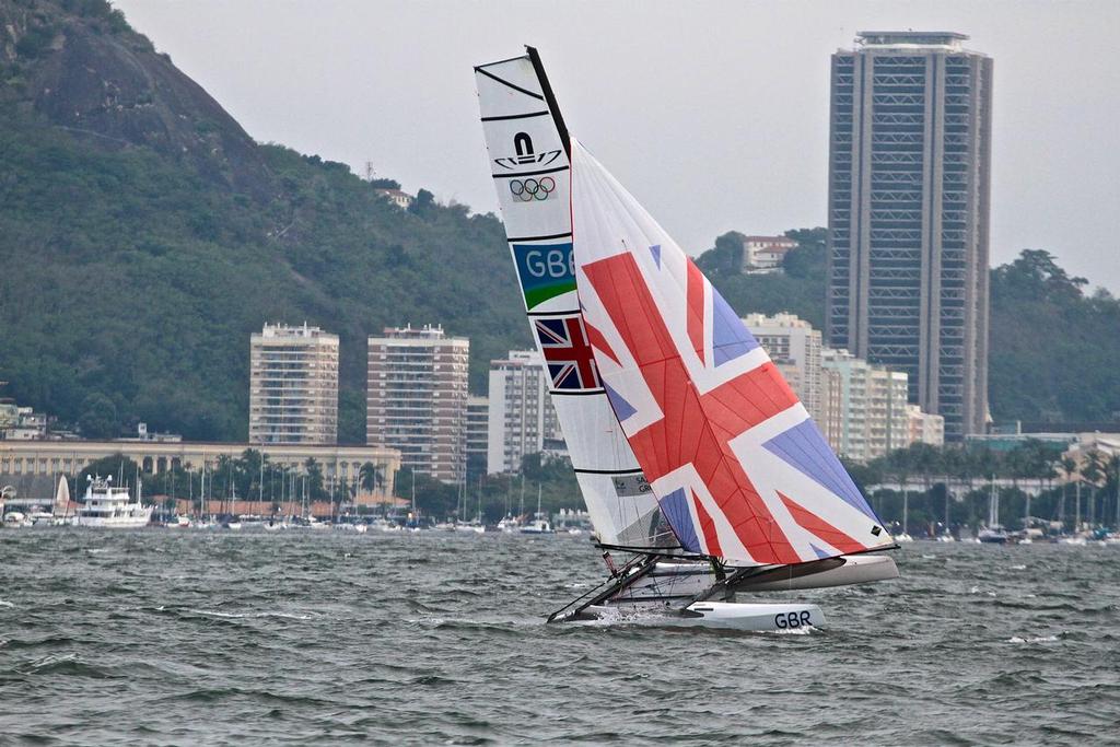 Ben Saxton and Nicola Groves (GBR) run down wind before the start of the Medal Race - in the Nacra 17 - 2016 Summer Olympics © Richard Gladwell www.photosport.co.nz
